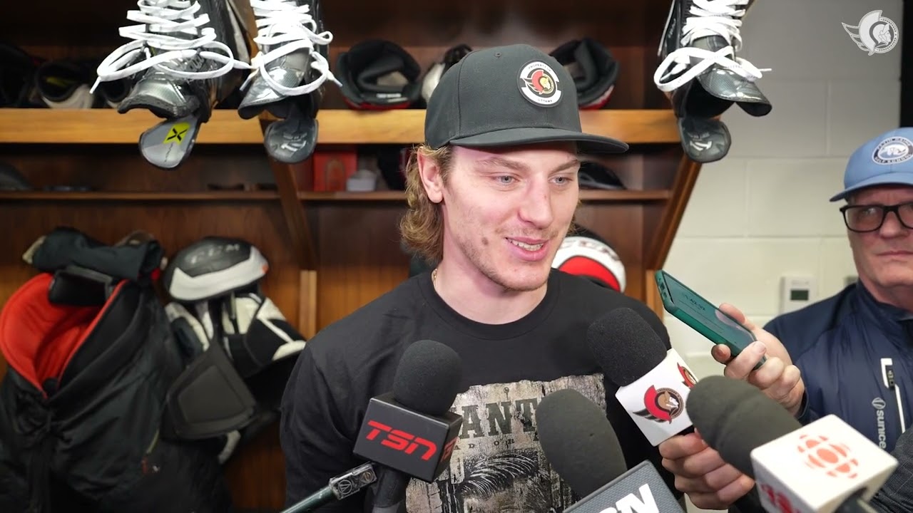 Jake Sanderson, Adam Gaudette, Travis Green Pregame Media vs CGY