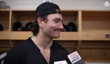 Nick Jensen, Noah Gregor, and Travis Green Pregame Media vs SJS
