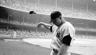 33-year-old Mickey Mantle—his electrifying talents blunted by injuries, age and years of alcohol abuse—tosses his helmet away in disgust after a weak at-bat at Yankee Stadium, June 1965.
