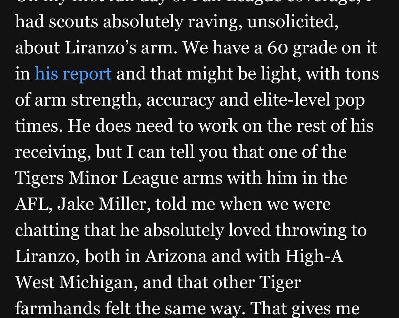Interesting info about Thayron Liranzo’s arm and his potential to stick at catcher long-term