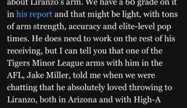Interesting info about Thayron Liranzo’s arm and his potential to stick at catcher long-term