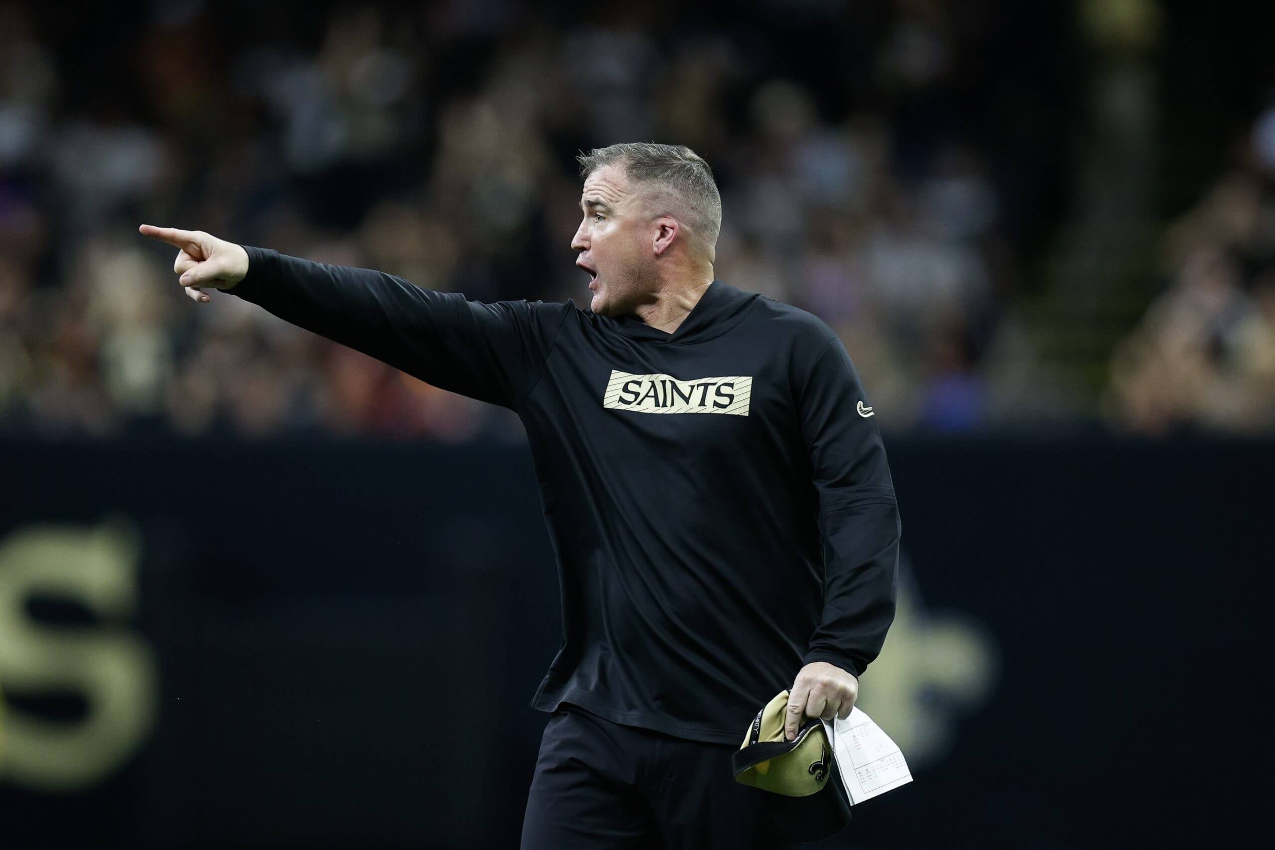 Interim head coach Darren Rizzi of the New Orleans Saints reacts first half against the Cleveland Browns at Caesars Superdome on November 17, 2024 in New Orleans, Louisiana.