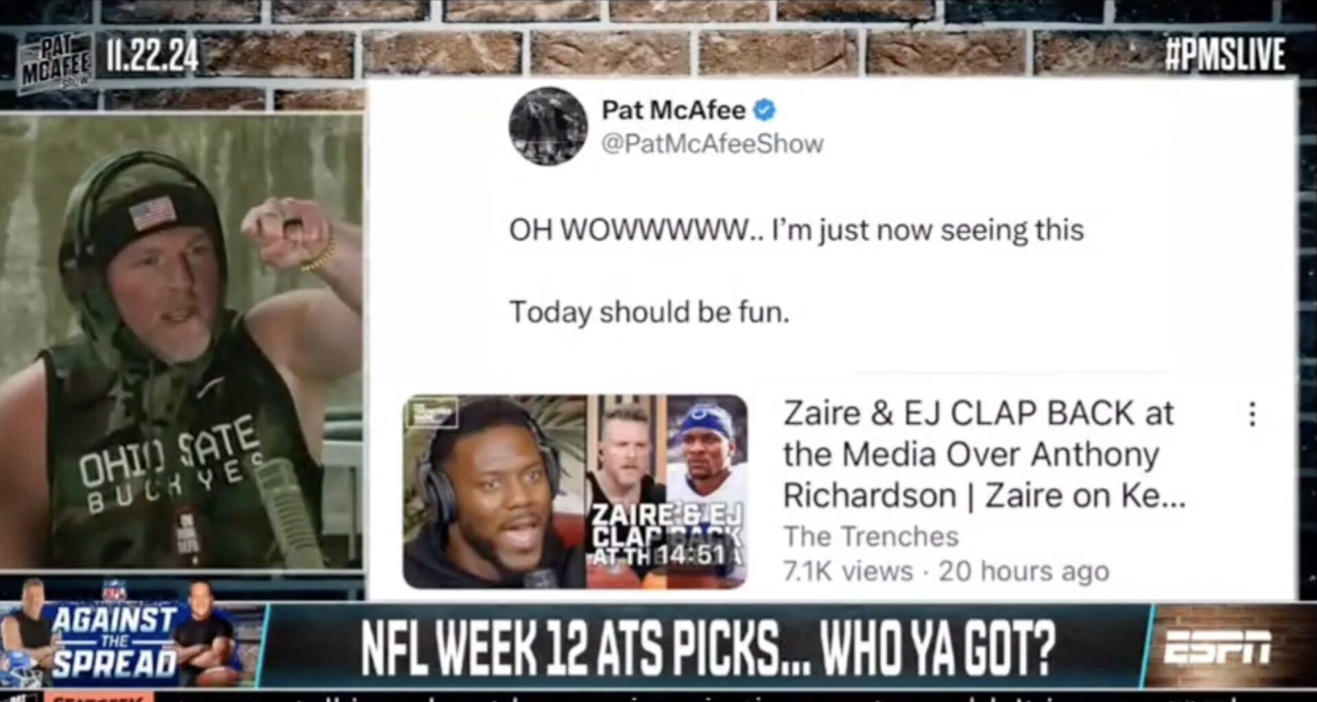 Pat McAfee triggered by Colts players putting him on a YouTube graphic