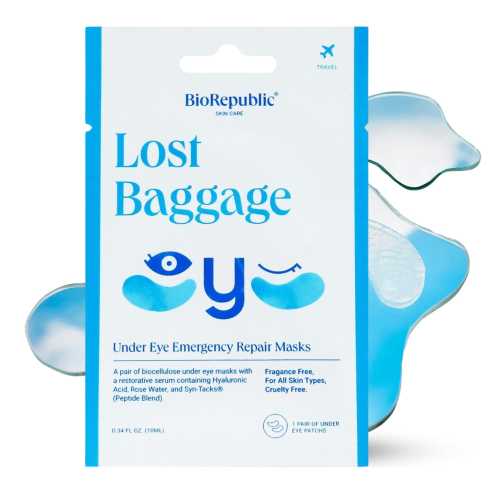 A package of BioRepublic Lost Baggage under-eye masks, featuring a blue design and claims of hydration and repair.