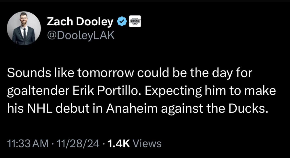 Erik Portillo to make NHL debut tomorrow in Anaheim