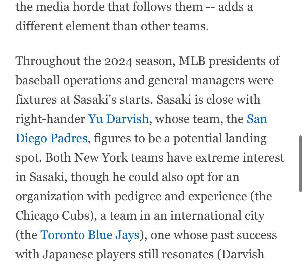 [Passan] It remains unknown when Roki Sasaki will be posted and whether he’ll be in the int’l Class of 2024 or 2025. Further, these are two very important paragraphs in the story. The perception he is bound to end up a Los Angeles Dodger is extremely premature