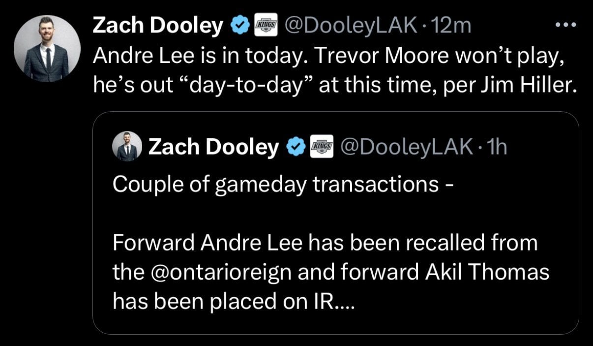 Trevor Moore won’t be in the lineup today. He’s “day to day” according to Hiller.