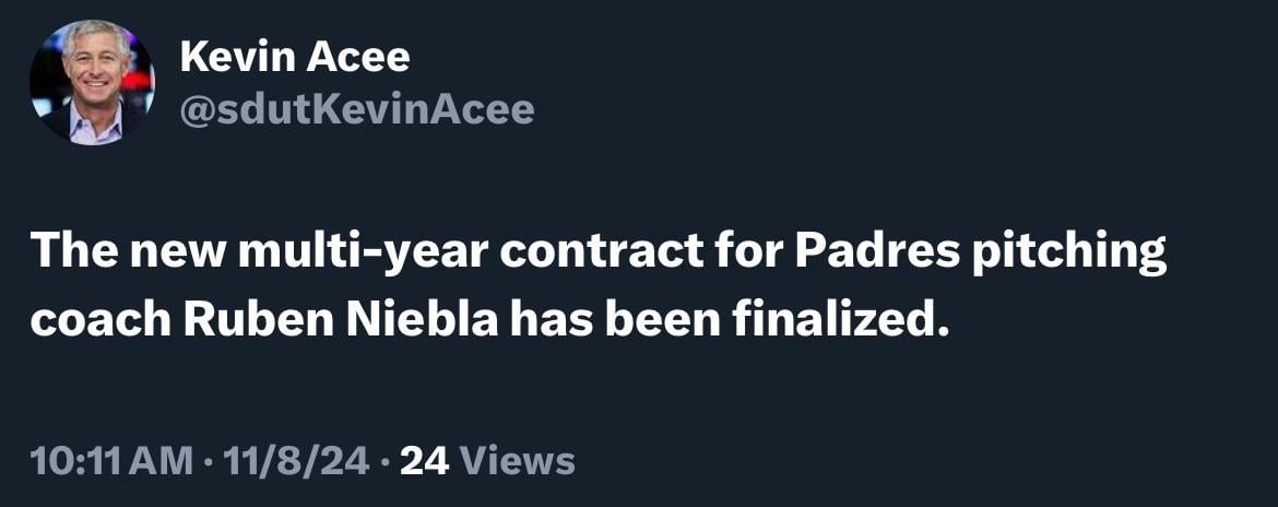 [Kevin Acee] The new multi-year contract for Padres pitching coach Ruben Niebla has been finalized.