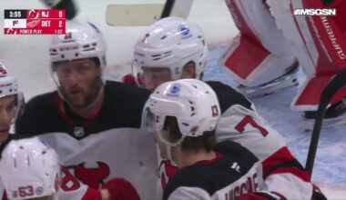 Dougie Hamilton scores a goal against the Detroit Red Wings