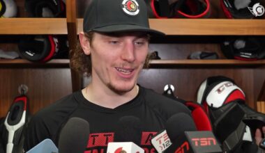 Brady Tkachuk, Thomas Chabot, Adam Gaudette, Travis Green Postgame Media vs NYI
