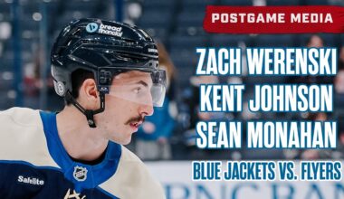 Zach Werenski, Kent Johnson and Sean Monahan, Blue Jackets vs. Flyers  | Postgame Media