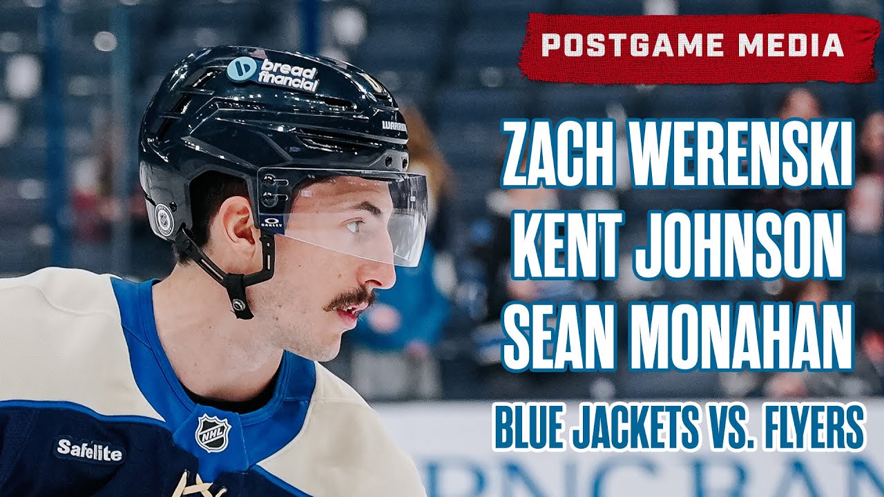 Zach Werenski, Kent Johnson and Sean Monahan, Blue Jackets vs. Flyers  | Postgame Media