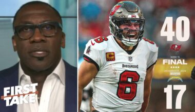 FIRST TAKE | "Bucs Looking Like Legit Contenders" - Shannon on Baker Mayfield shred Chargers in WK15