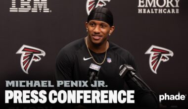 Michael Penix Jr speaks with the media after being named starting quarterback of the Atlanta Falcons