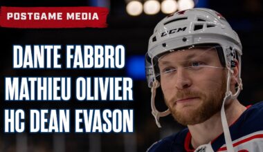 Dante Fabbro, Mathieu Olivier and Head Coach Dean Evason, Blue Jackets @| Bruins | Postgame Media
