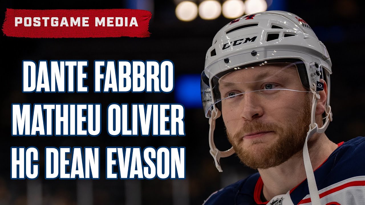 Dante Fabbro, Mathieu Olivier and Head Coach Dean Evason, Blue Jackets @| Bruins | Postgame Media