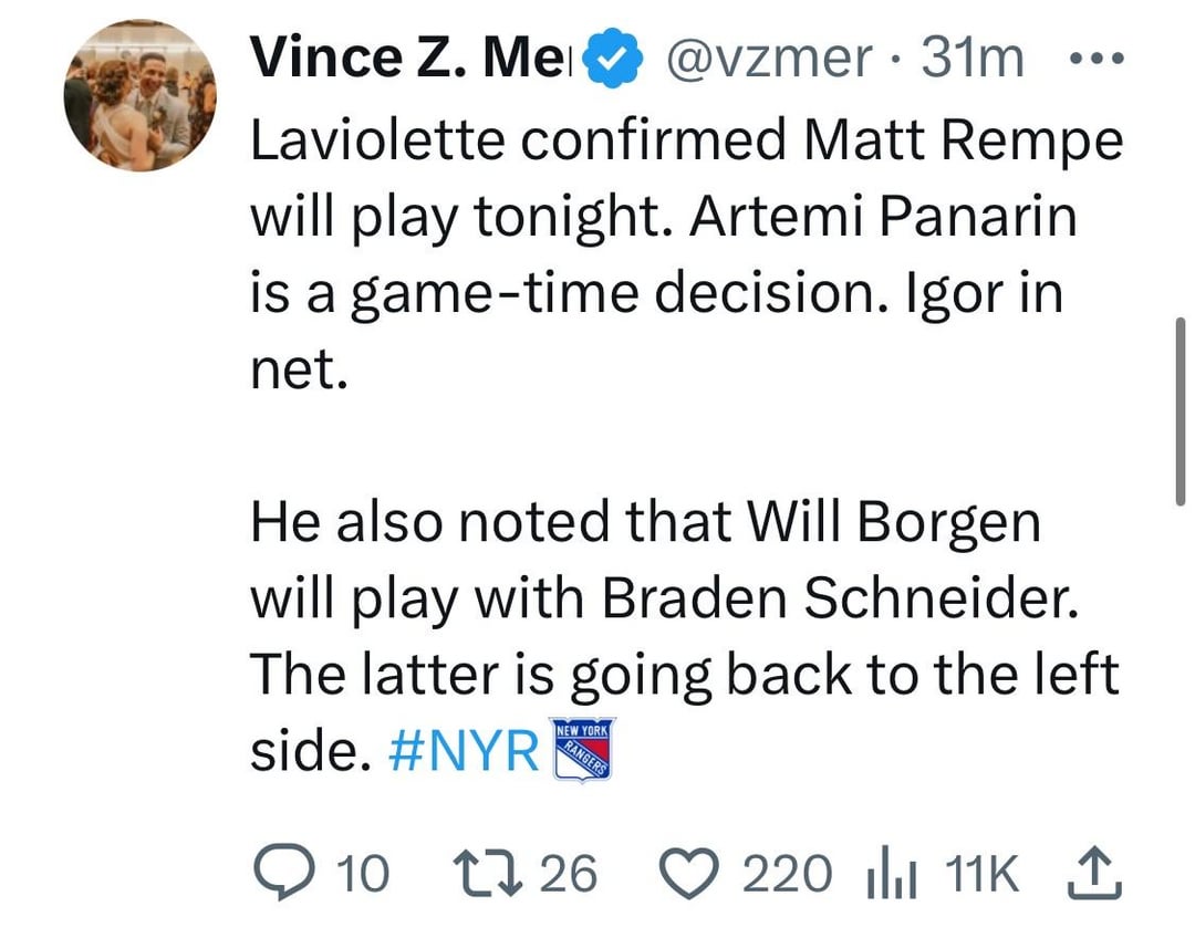 Rempe in, Bread GTD, Igor in net, Jones looks to be a scratch