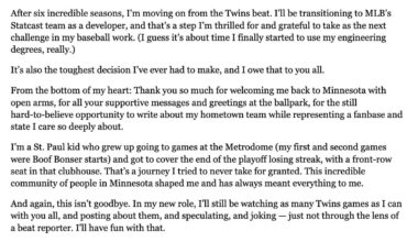 [dohyoungpark] Twins fans: It's been the honor of a lifetime to have shared these last six seasons with you all. I can't possibly thank you enough.