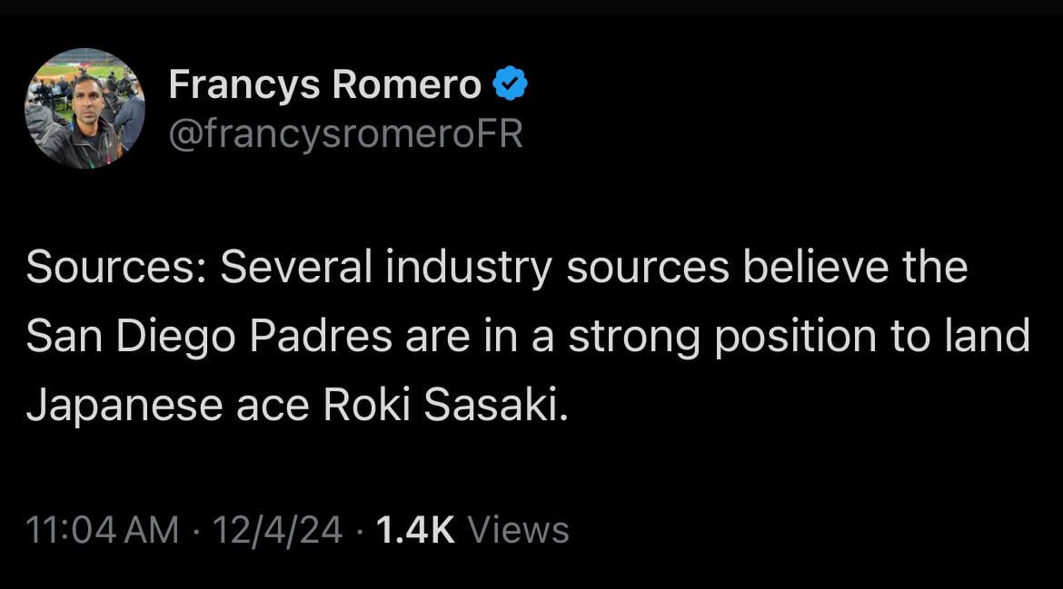 [Romero] Sources: Several industry sources believe the San Diego Padres are in a strong position to land Japanese ace Roki Sasaki.