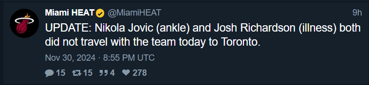 UPDATE: Niko and JRich did not travel with the team to Toronto