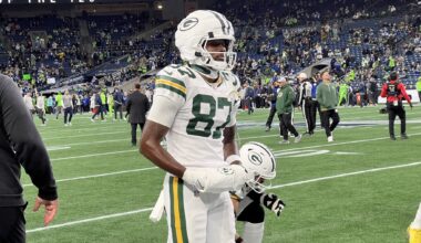 Romeo Doubs is wearing a Guardian Cap as he returns from concussion protocol