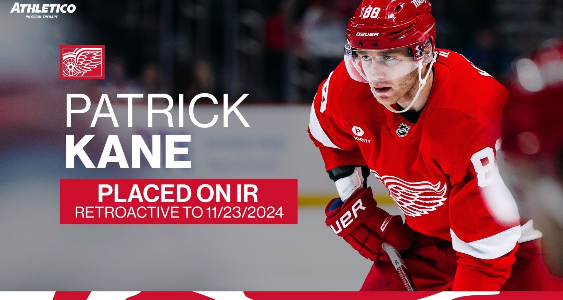 UPDATE: The #RedWings have placed forward Patrick Kane on injured reserve retroactive to November 23, 2024.