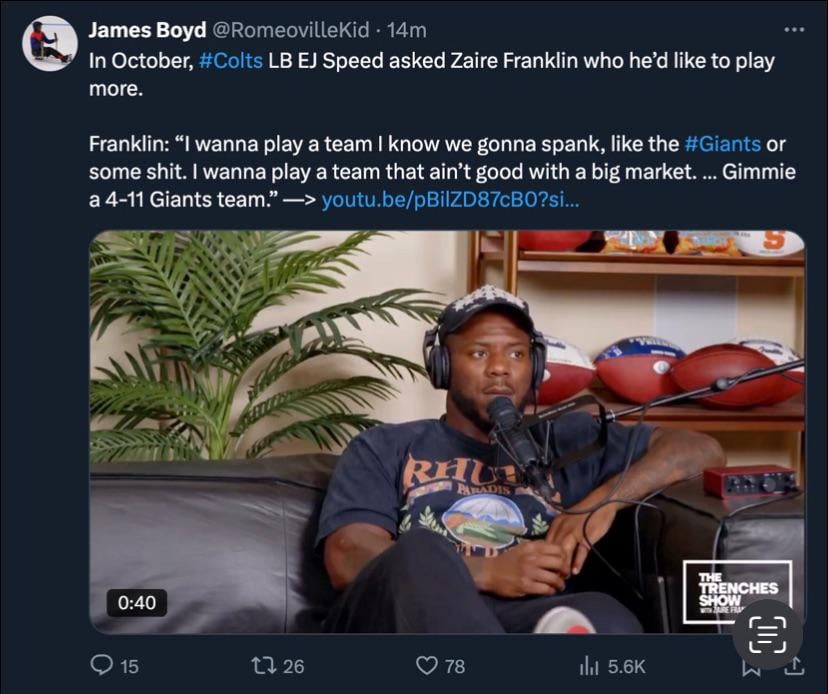 [James Boyd] In October #Colts LB EJ Speed asked Zaire Franklin who he’d like to play more.