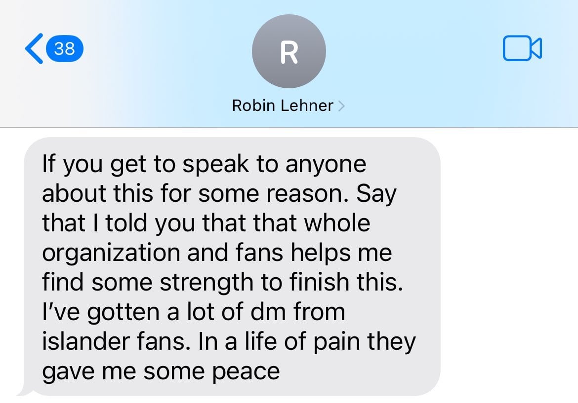 Text from Robin Lehner today on his appreciation for Islander fans