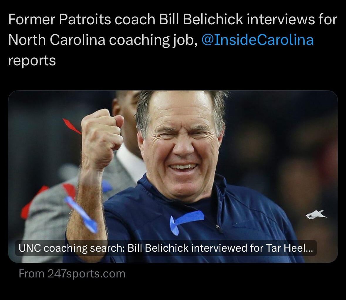 [McMurphy] Former Patriots HC Bill Belichick interviewed for the University of North Carolina head coaching job.