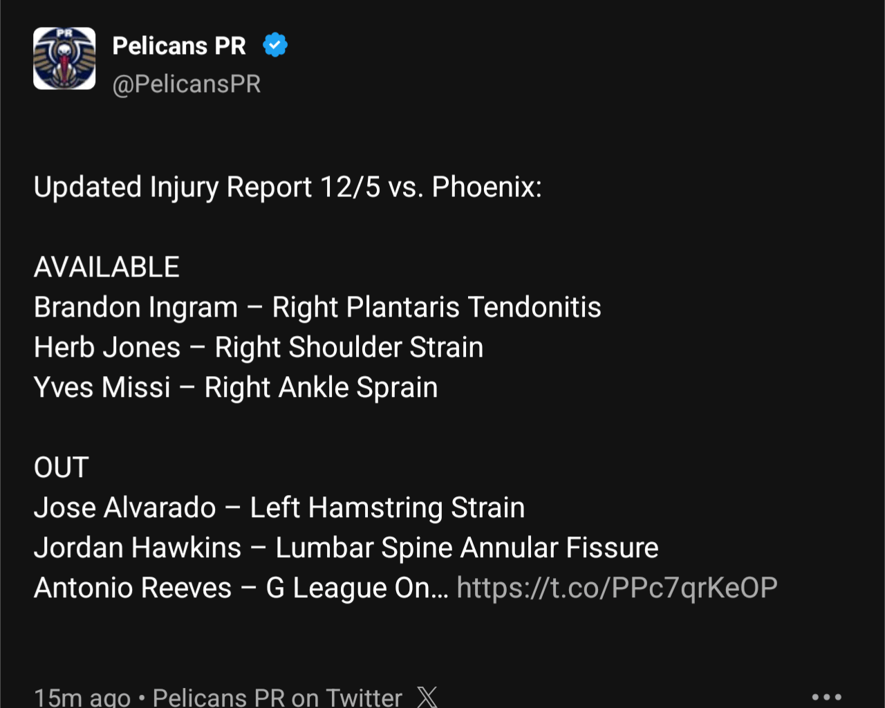 Injury Report Update for tonight