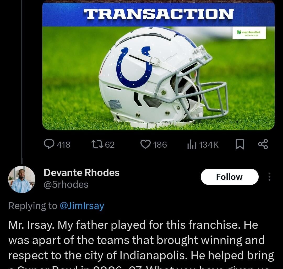 Son of former Colt, Dominic Rhodes, sounds off on Jim Irsay on X.