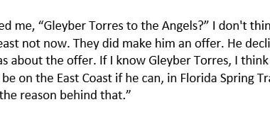 [BTH]: On B/R Walk-off, Jon Heyman said that the #Angels made 2B Gleyber Torres an offer, but he declined it.

Likely because of his preference to be on the East Coast, said Heyman.