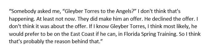 [BTH]: On B/R Walk-off, Jon Heyman said that the #Angels made 2B Gleyber Torres an offer, but he declined it.

Likely because of his preference to be on the East Coast, said Heyman.