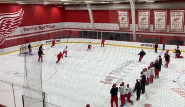 Predictably, this has been the longest practice of the season, approaching an hour on the ice, wrapping up with a sprint around the rink. #RedWings via Ansar Khan