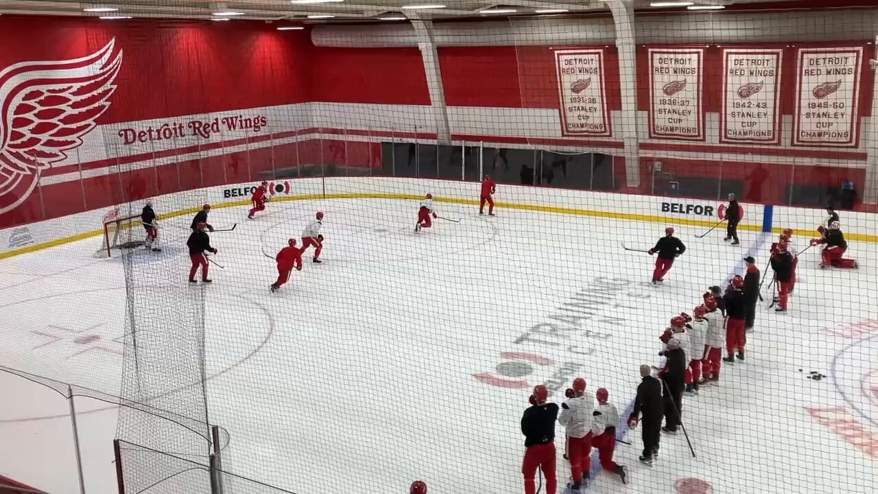 Predictably, this has been the longest practice of the season, approaching an hour on the ice, wrapping up with a sprint around the rink. #RedWings via Ansar Khan