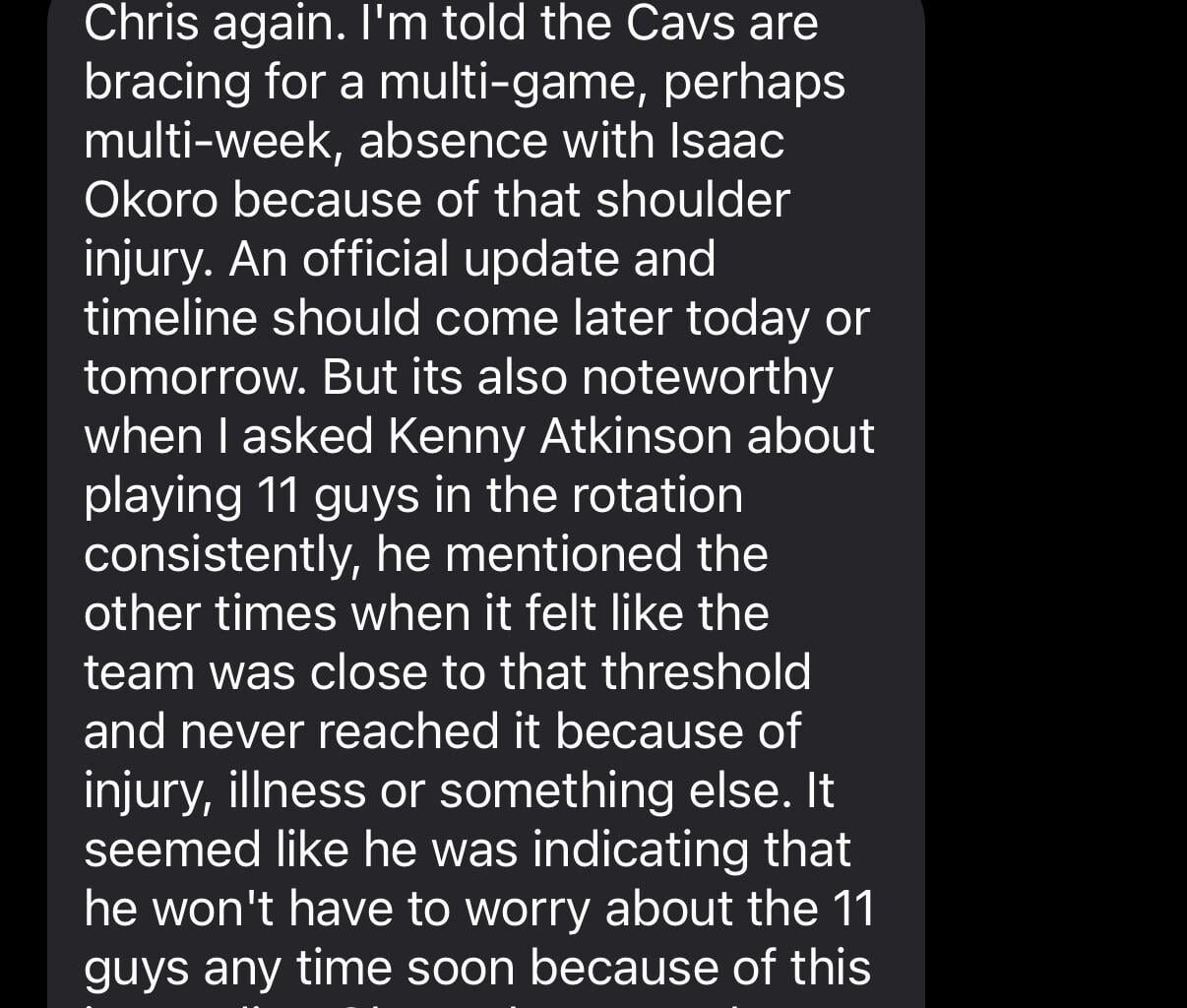Fedor says “the Cavs are bracing for a multi-game, perhaps multi-week, absence” from Okoro due to his shoulder injury; update from the team coming soon