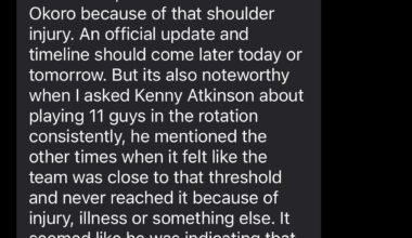 Fedor says “the Cavs are bracing for a multi-game, perhaps multi-week, absence” from Okoro due to his shoulder injury; update from the team coming soon