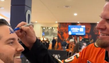 Weaver signing my nephews forehead at tonight’s Ducks game. Legend