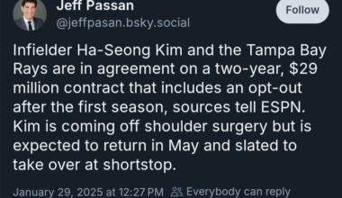 [Passan] Infielder Ha-Seong Kim and the Tampa Bay Rays are in agreement on a two-year, $29 million contract that includes an opt-out after the first season, sources tell ESPN.