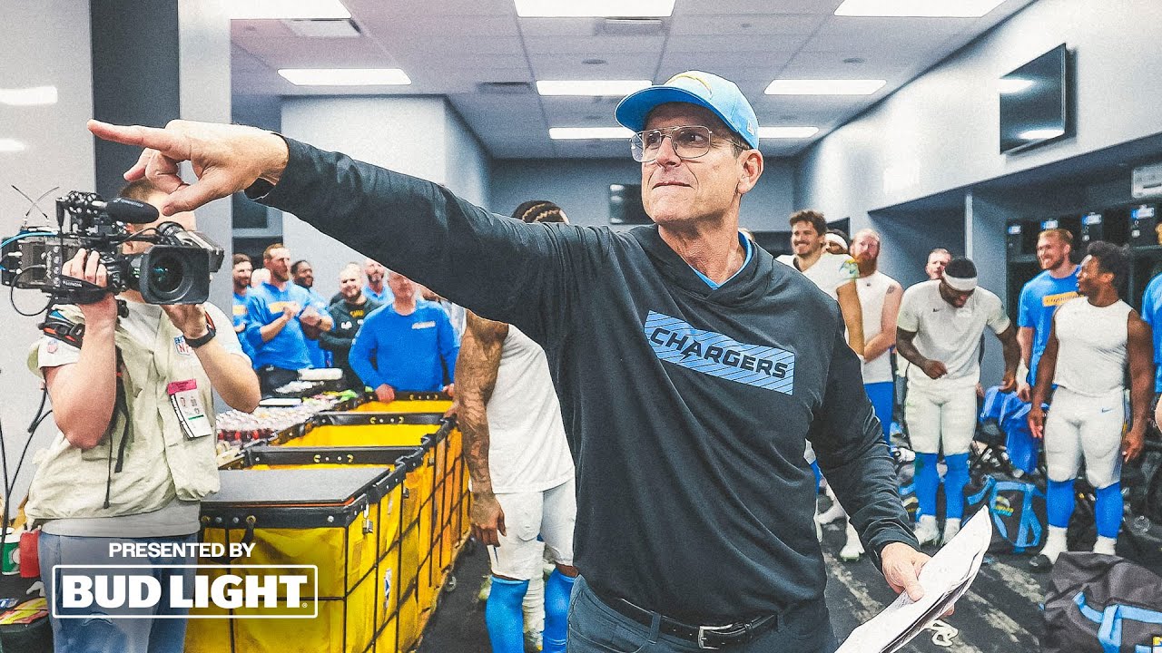 Jim Harbaugh Locker Room Victory Speech Vs Raiders | LA Chargers