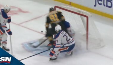 Oilers' Stuart Skinner heads down tunnel after taking hard hit from Nikita Zadorov