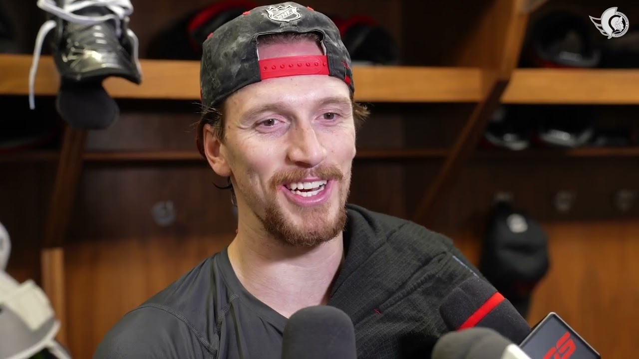 Travis Green, Shane Pinto, and Thomas Chabot Pregame Media vs BUF