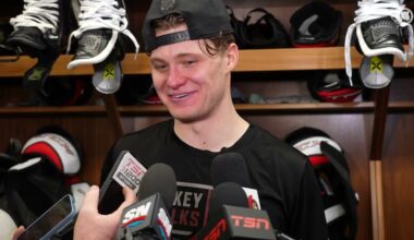 Leevi Meriläinen, Tim Stützle, Matthew Highmore, Travis Green Postgame Media vs DAL