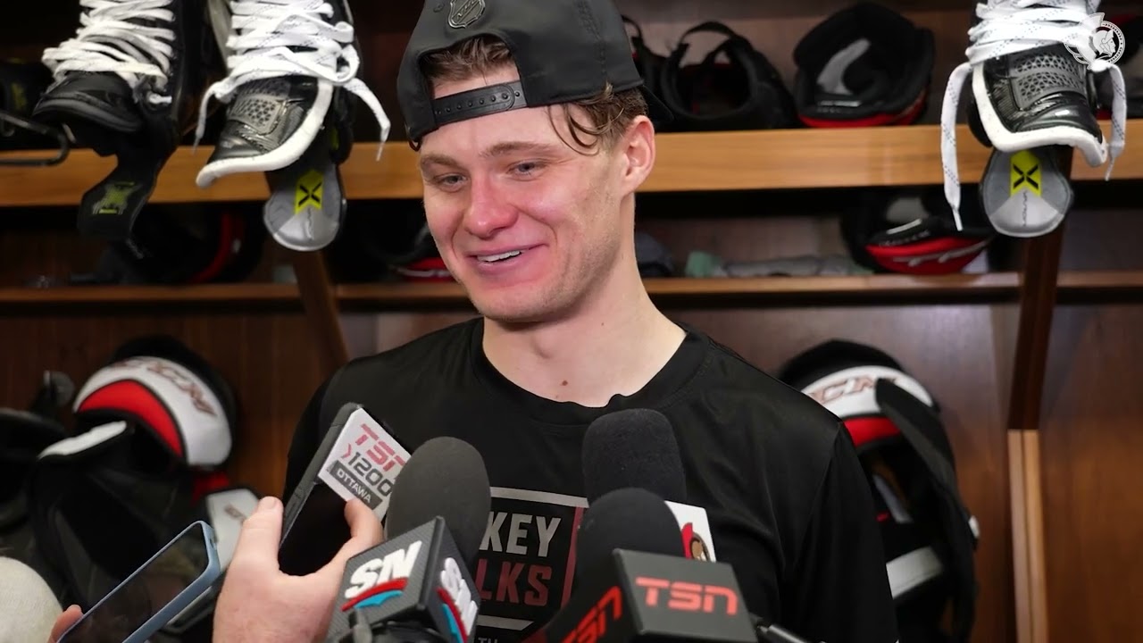 Leevi Meriläinen, Tim Stützle, Matthew Highmore, Travis Green Postgame Media vs DAL