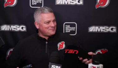 Devils coach Sheldon Keefe speaks with the media ahead of playing in Toronto for the first time