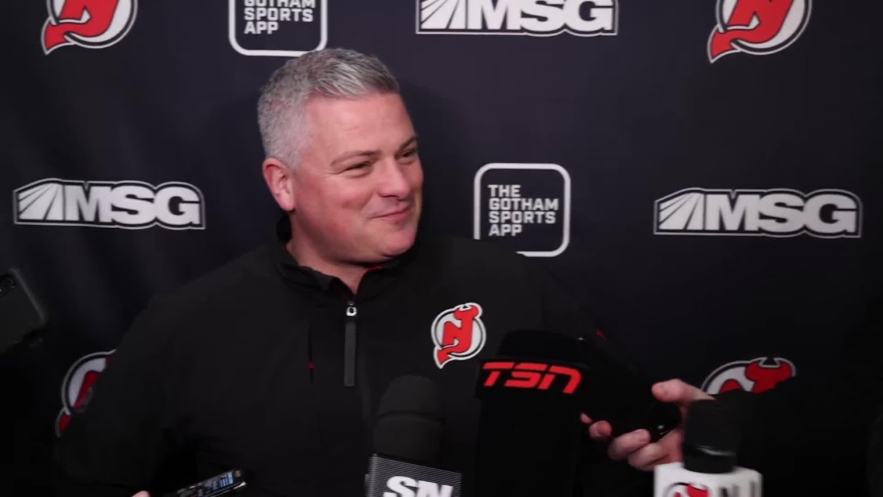 Devils coach Sheldon Keefe speaks with the media ahead of playing in Toronto for the first time