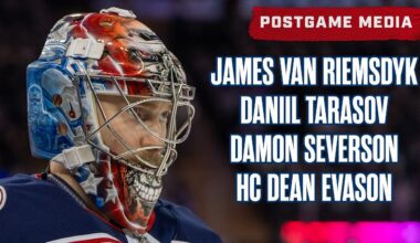 James van Riemsdyk, Daniil Tarasov, Damon Severson & HC Damon Severson, CBJ vs. NYR | Postgame Media