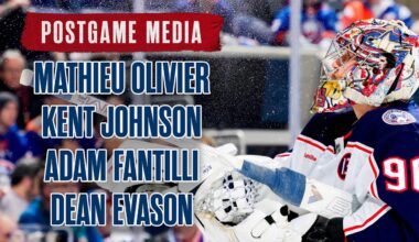 Mathieu Olivier, Kent Johnson, Adam Fantilli & HC Dean Evason, CBJ @ NYI |  Postgame Media