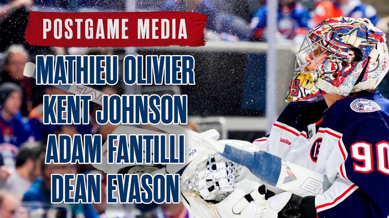 Mathieu Olivier, Kent Johnson, Adam Fantilli & HC Dean Evason, CBJ @ NYI |  Postgame Media