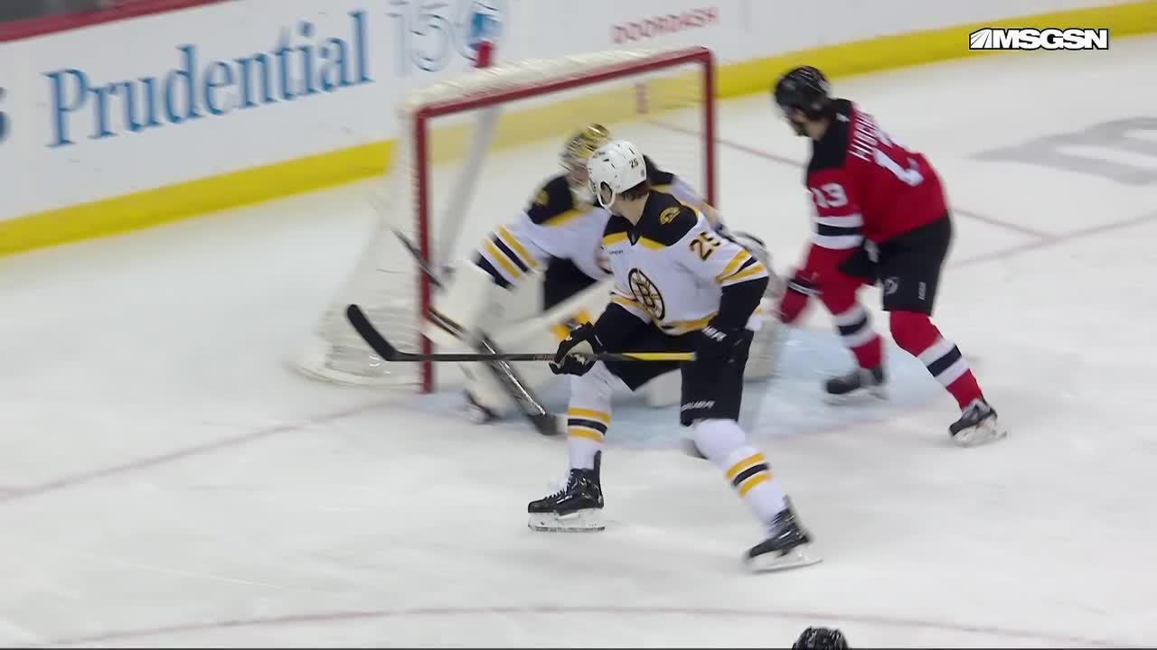 Dougie Hamilton scores a powerplay goal against the Boston Bruins